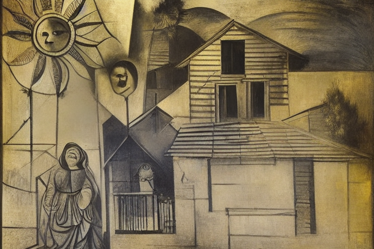 A person standing in front of a house on a sunny day by da Vinci by Picasso