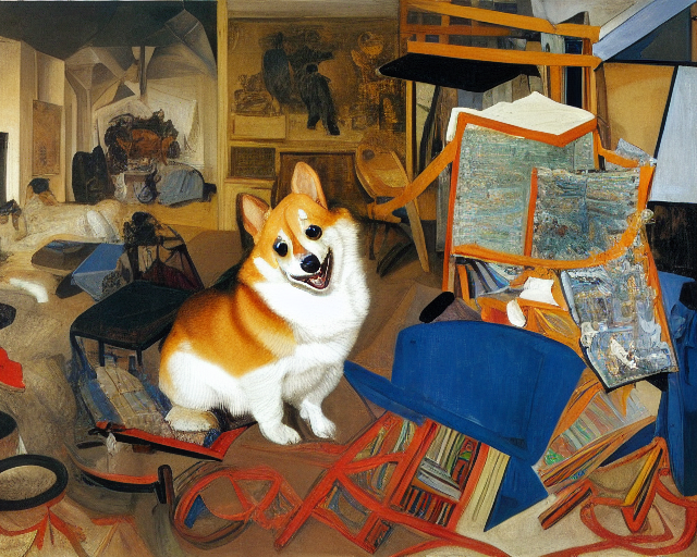 Corgi in messy living room  by Picasso by Rembrandt