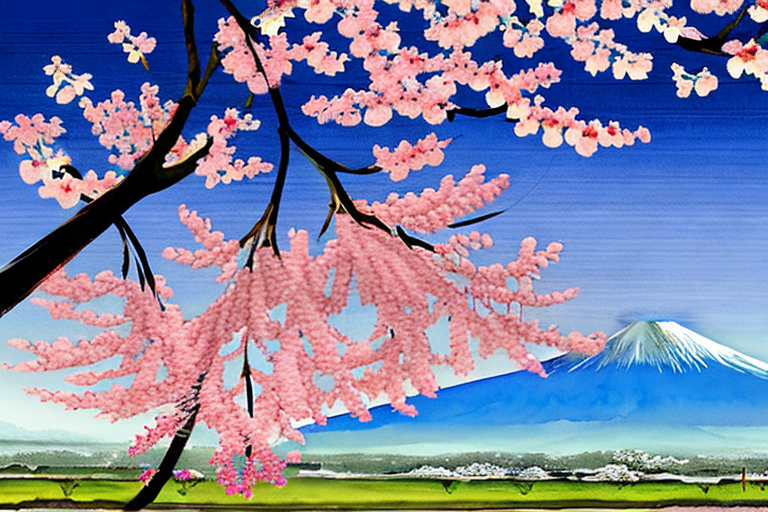 AI generated art representing "cherry blossom in Japan, golden hour, spring, mount fuji"