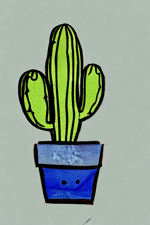 AI generated art representing "An illustration of a potted cactus, watercolor paints, minimalist line drawing style with minimal color, plain background. The cactus should be the main focus of the image, and the style should be playful and whimsical, with the cactus having a friendly expression. The background color should be a light, muted green, evocative of the desert landscape, and the overall composition should be centered with the cactus slightly off-center to create a dynamic visual."