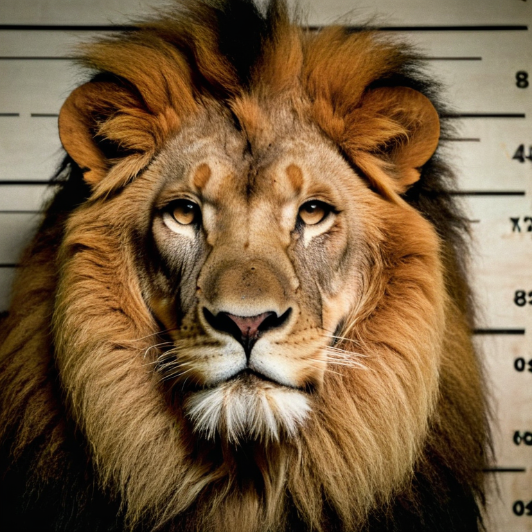 front shot, mugshot photo of a velvetine lion  looks at viewer, cinematic shot