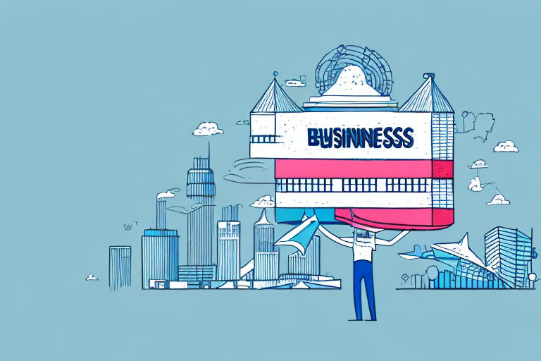 A Business Building With A Large Megaphone On The Roof, Broadcasting Its Message Across The World, Hand-Drawn Abstract Illustration For A Company Blog, In Style Of Corporate Memphis, Faded Colors, White Background, Professional, Minimalist, Clean Lines