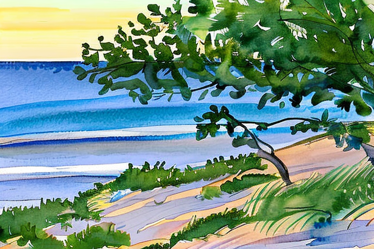 AI generated art representing "Create a watercolor painting inspired by the natural beauty of Lake Michigan or a similar landscape. Use soft blues, greens, and sandy colors to capture the tranquility of the beach and its surroundings."