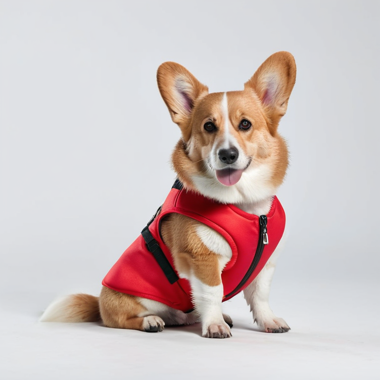 white background, front shot studio 3D render of cute corgi with red service dog vest, cinematic shot