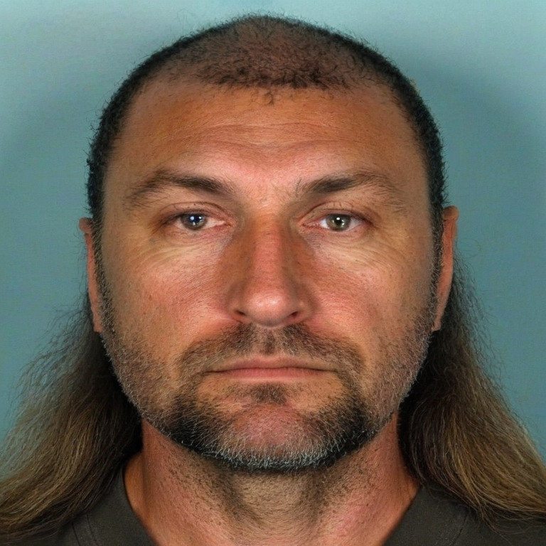 front shot, mugshot photo of a Caucasian man 40s medium length long hair  looks at viewer, cinematic shot
