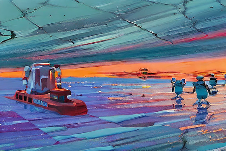 AI generated art representing "robots travel to Antarctica, at dawn, to investigate melting ice caps and flooding, hope, the year is 2084, deserted land, futuristic."