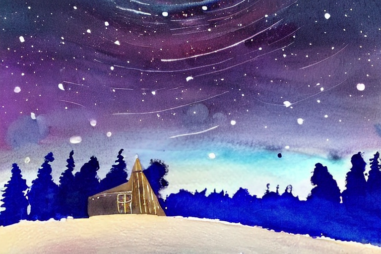 AI generated art representing "Design a mesmerizing nighttime scene showcasing a starry sky with a glowing crescent moon, silhouettes of trees, and a small, cozy cabin, using a color palette of deep blues, purples, and hints of silver."