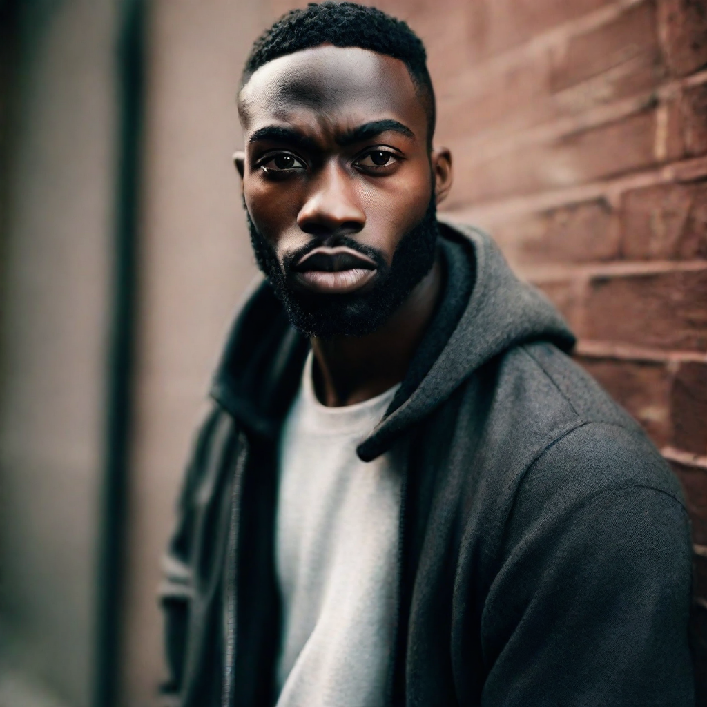 front shot, photo of Black man 5,8” 24 yo, strong jawline, large eyes, large nose  looks at viewer, cinematic shot