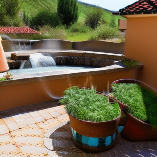 Patio con pileta y cascada en un pueblo rural