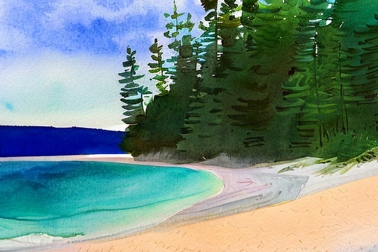 AI generated art representing "Create a square watercolor painting inspired by the natural beauty of Lake Michigan or a similar landscape. Use soft blues, greens, and sandy colors to capture the tranquility of the beach and its surroundings."