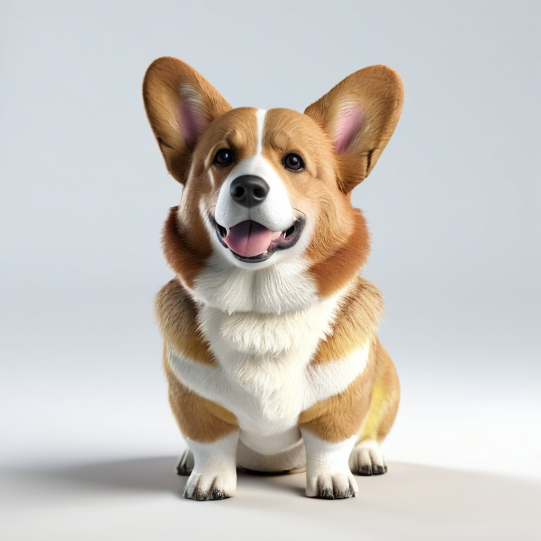 white background, front shot studio 3D render of corgi, cinematic shot