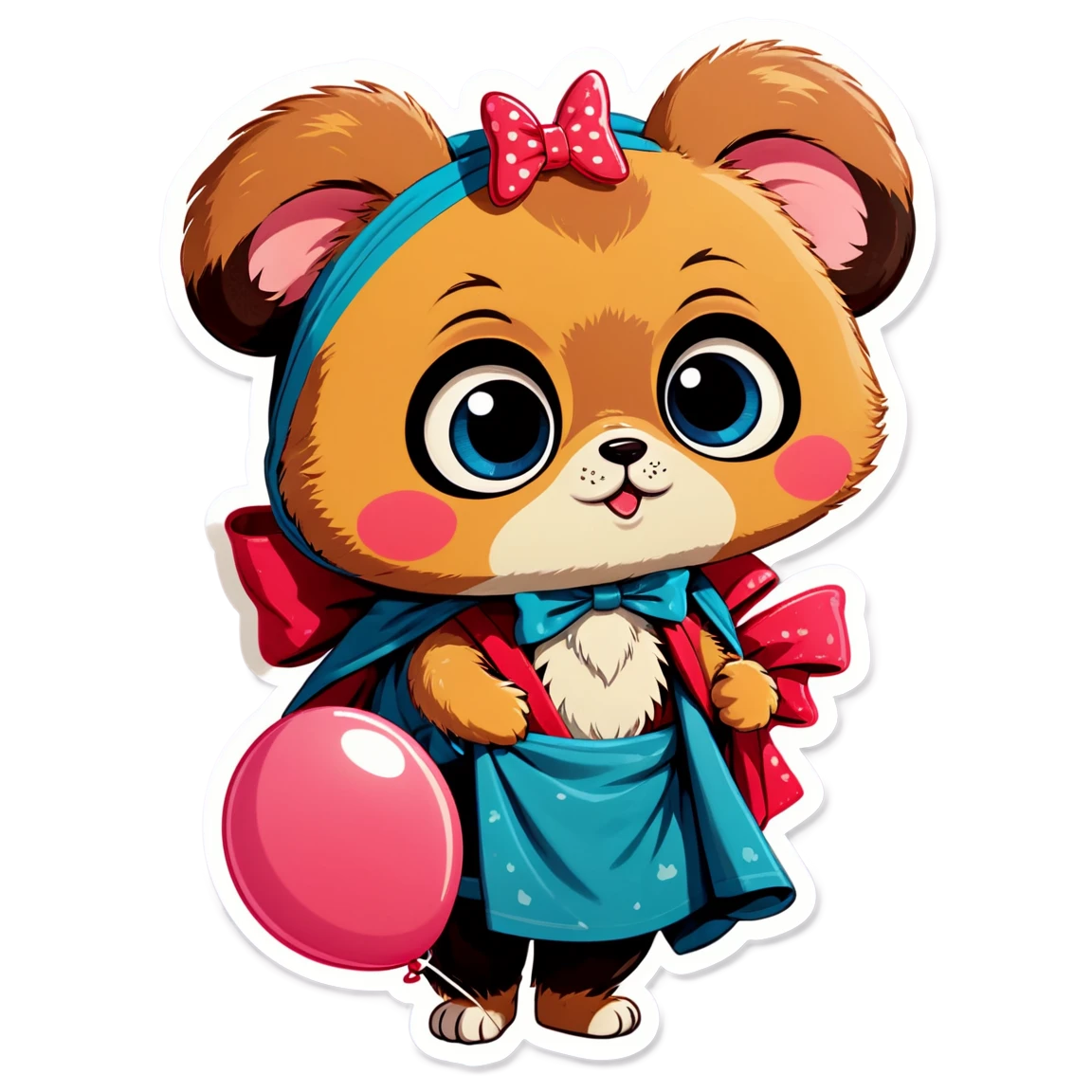 with big eyes, wearing a bow, holding a balloon, with a bowtie, with rosy cheeks, with a blanket cute-animal stickers