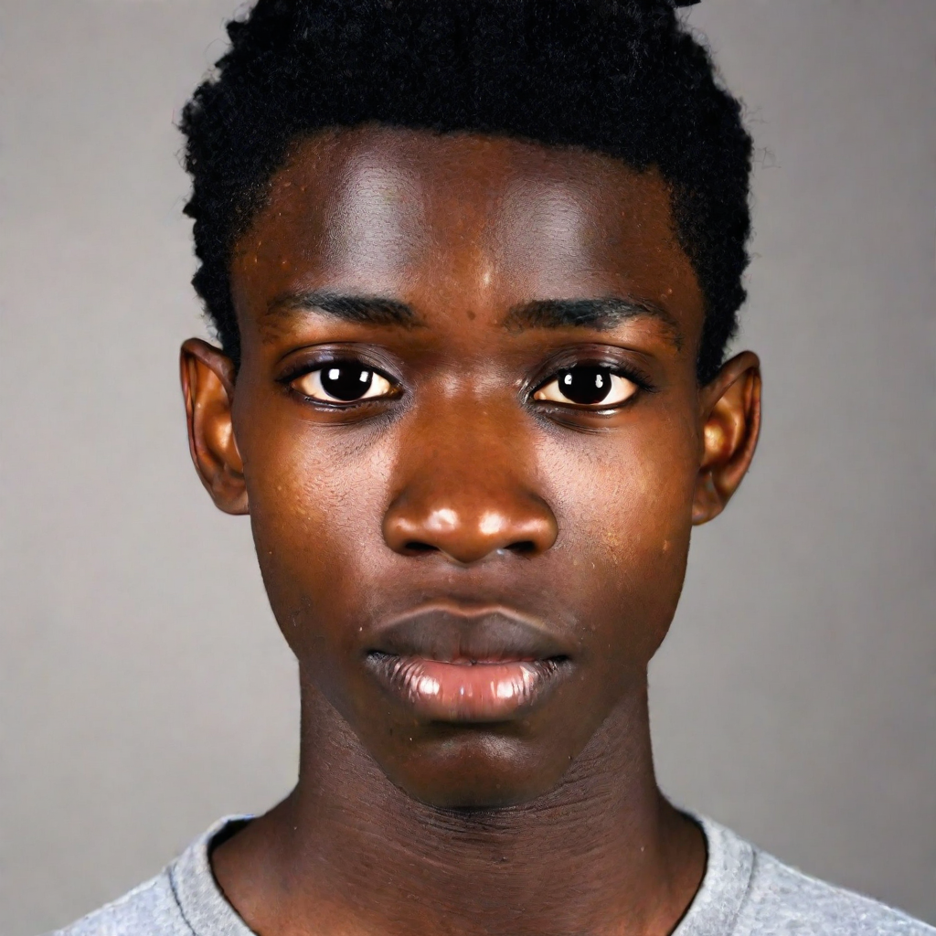 front shot, photo of Black male, skinny, approximately 5’8”, high school age 17 pimples  looks at viewer, cinematic 