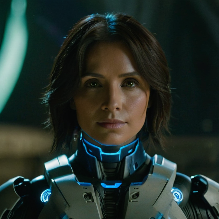 front shot, actor photo of a Cortana from halo  looks at viewer, cinematic shot