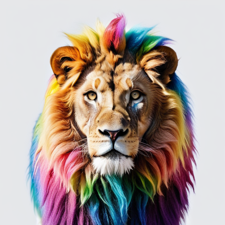 white background, front shot studio photo of a rainbow lion unicorn  looks at viewer, cinematic shot