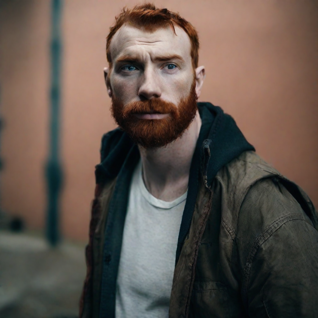 front shot, photo of Caucasian man red hair  looks at viewer, cinematic shot