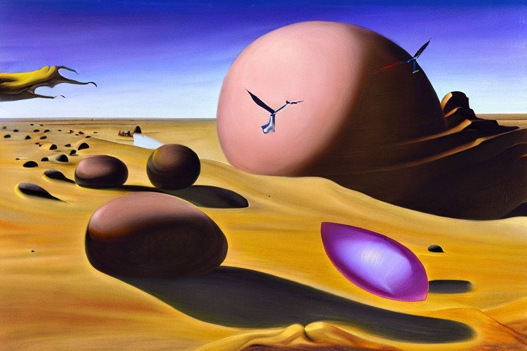 AI generated art representing "Generate a captivating dreamscape with surreal elements, such as melting clocks and levitating boulders, set against a desert backdrop with a calm sky, reminiscent of Salvador Dalí's "The Persistence of Memory.""