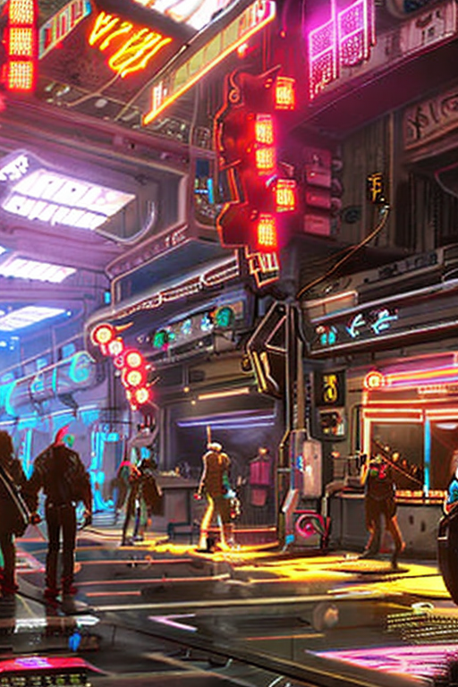 AI generated art representing "A bustling cyberpunk marketplace filled with diverse vendors selling futuristic gadgets, exotic street food, and people with various cybernetic enhancements."