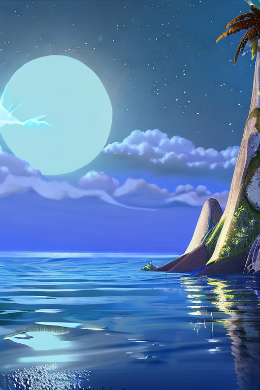 An AI generated image representing "a magical disney scene, dreamy lighting, big stars glow in the sky, lit by a full moon, in the foreground you see sky islands with waterfalls floating in the sky above a calm ocean, reflecting the scene. "