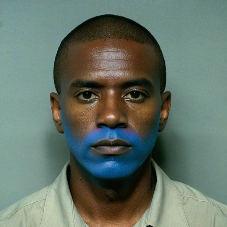 front shot, mugshot photo of a blue man red hair  looks at viewer, cinematic shot