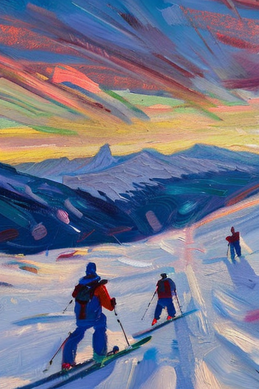 AI generated art representing "skiers, skiing in the alps, viewed from afar, at golden hour, beautifully lit sky. "