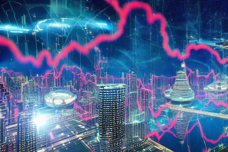 Futuristic city in the foreground,  reminiscent of 1950s science-fiction movies, the sky is filled with stars