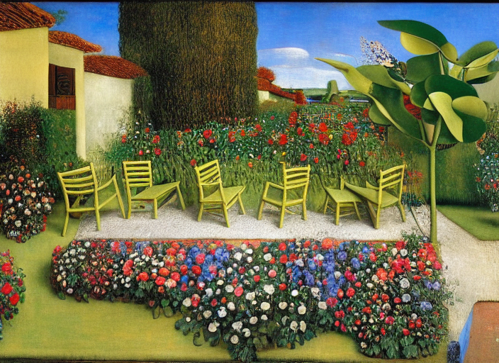 Patio chairs and tables by a manicured garden path  by da Vinci by Salvador Dali by Frida Kahlo by Picasso by Rembrandt 