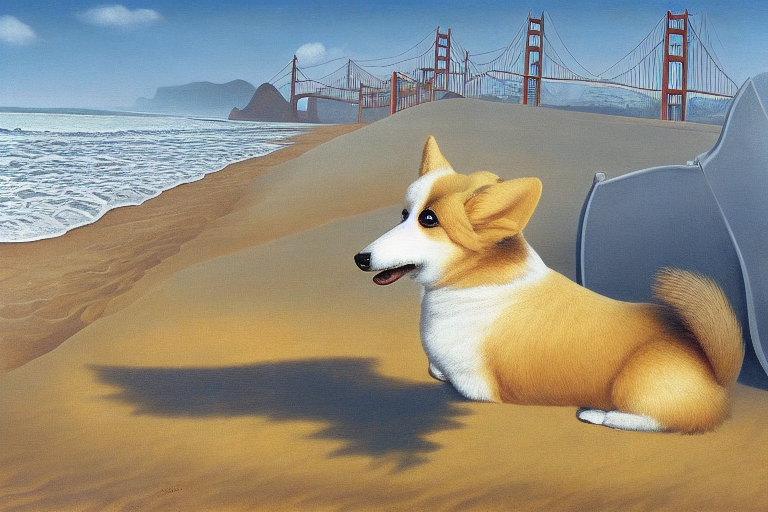 Sable and white heart shaped face Corgi with tail on sand at the beach, Golden Gate Bridge in background by Rene Magritt