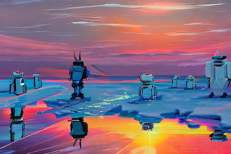 AI generated art representing "robots travel to Antarctica, at dawn, to investigate melting ice caps and flooding, hope, the year is 2084, deserted land, futuristic."