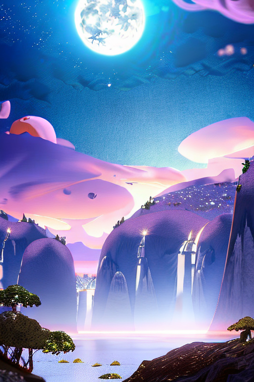 AI generated art representing "in a distant fairytale dreamland, dreamy lighting, big stars glow in the sky, lit by a full moon, in the foreground you see sky islands with waterfalls floating in the sky above a calm ocean, reflecting the scene. "