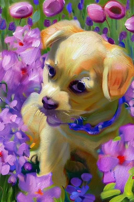 AI generated art representing "puppy, with wide eyes, playing in the flowers, beautiful summers day. "