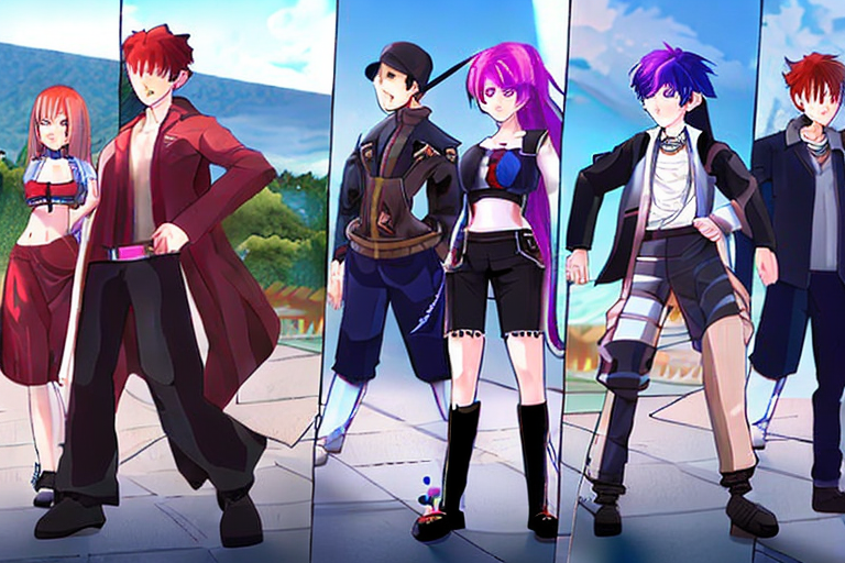 AI generated art representing "A group of diverse anime characters, each with their unique style and colorful outfits, striking dynamic poses against a scenic background."
