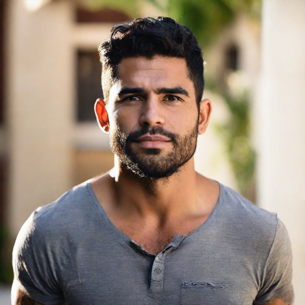 front shot, photo of 30 yo Hispanic male, no beard, clean shaven  looks at viewer, cinematic shot