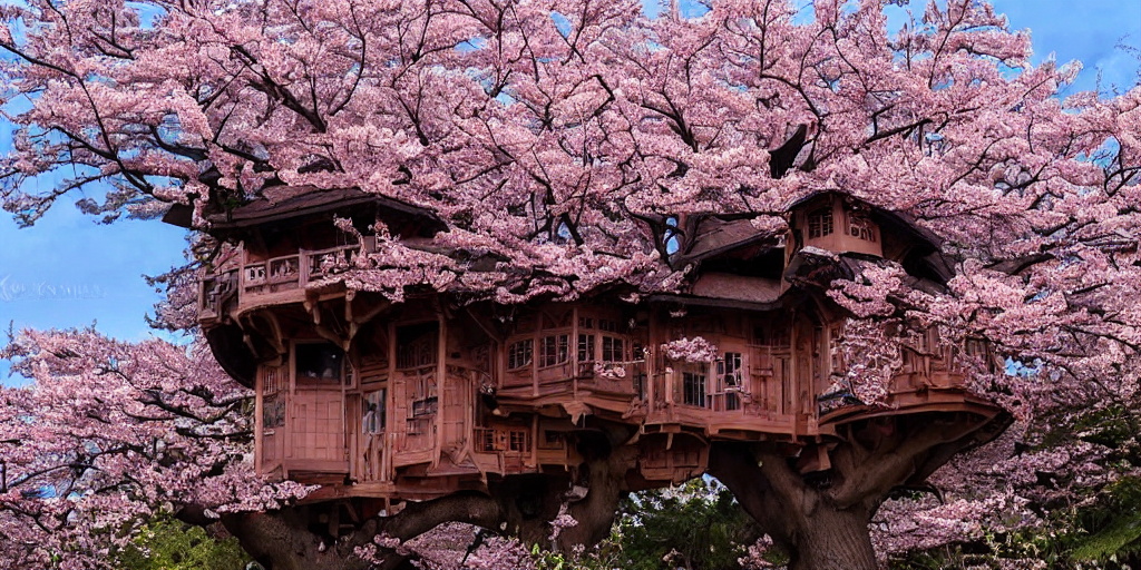 Stable Diffusion prompt: THE CHERRY BLOSSOM TREE HOUSE :: - PromptHero