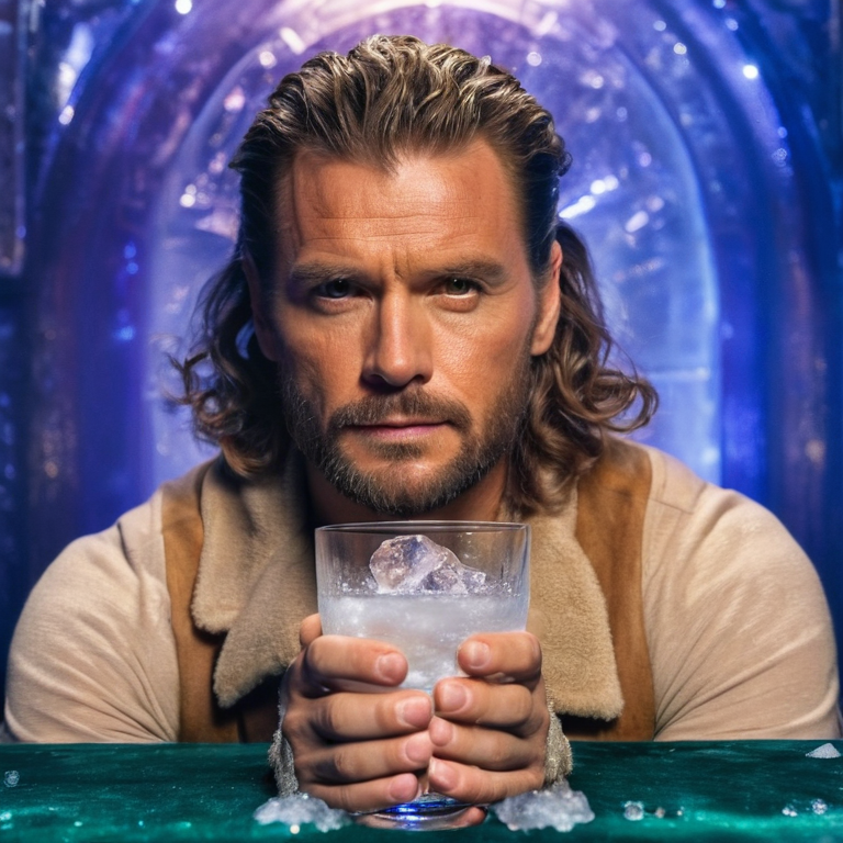 front shot, actor photo of a Glass icy male episodes  looks at viewer, cinematic shot