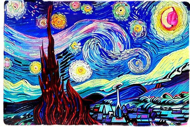 An AI generated image representing "Design an awe-inspiring outer space scene of an ethereal cosmic galaxy, highlighting a central swirling galaxy with vibrant shades of blue, purple, and pink, surrounded by a multitude of twinkling stars and a crescent moon, drawing inspiration from Vincent van Gogh's "Starry Night.""