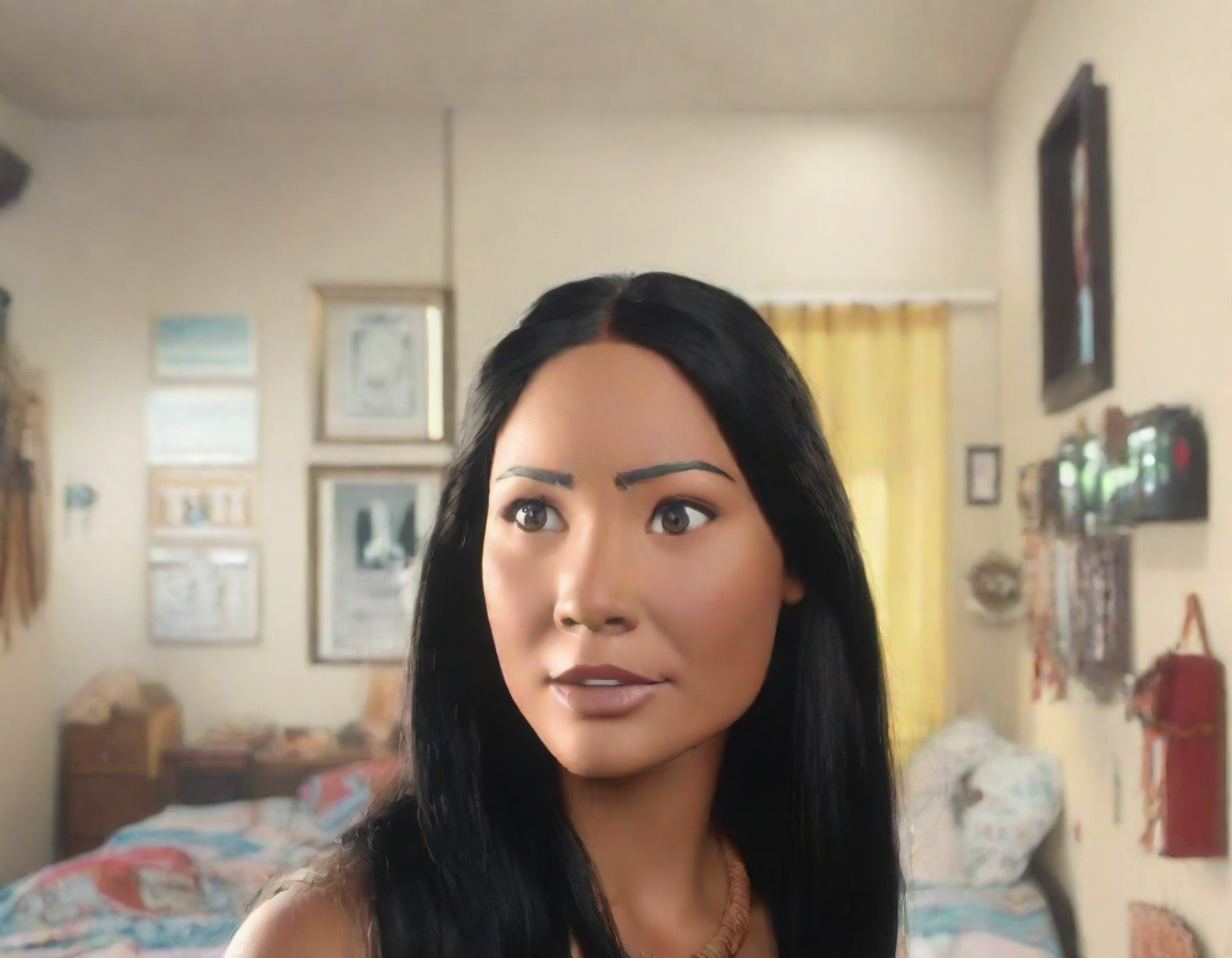 front shot, photo of pocahontas looks at viewer, cinematic shot