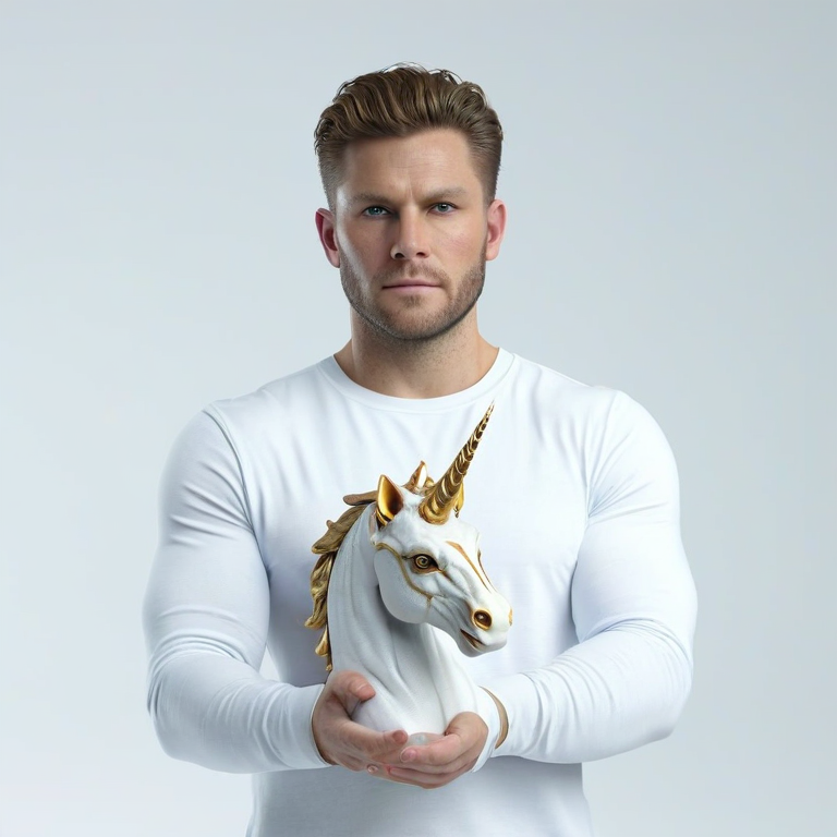 white background, front shot studio 3D render of chimera unicorn  looks at viewer, cinematic shot