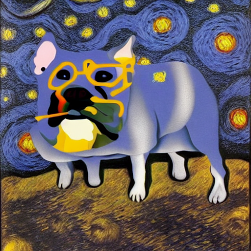 A fun colored French bulldog by Rene Magritte surrealist by Vincent van Gogh by da Vinci by Gustav Klimt