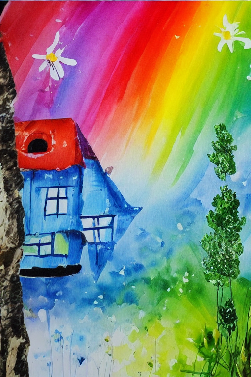 Child painted picture house rainbow blue sky grass