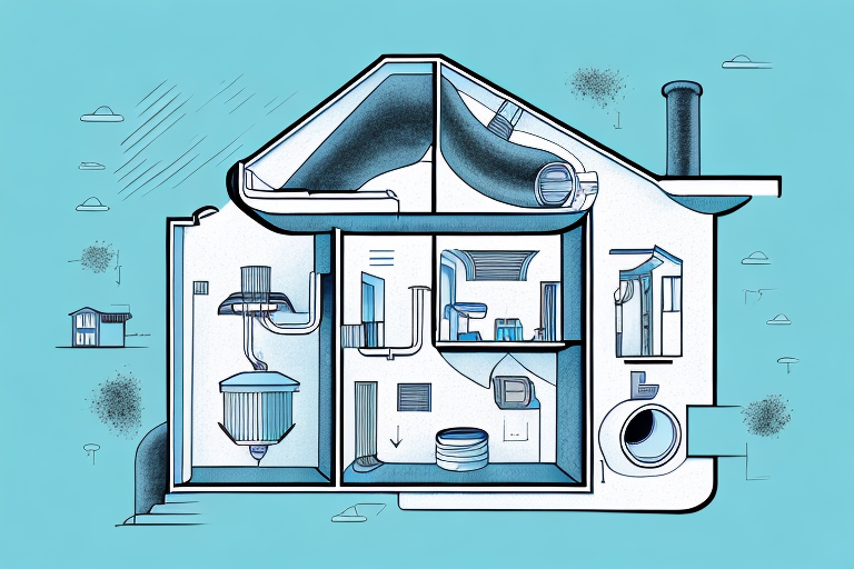 a house with an air duct system, showing the process of air duct cleaning, hand-drawn abstract illustration for a company blog, in style of corporate memphis, faded colors, white background, professional, minimalist, clean lines