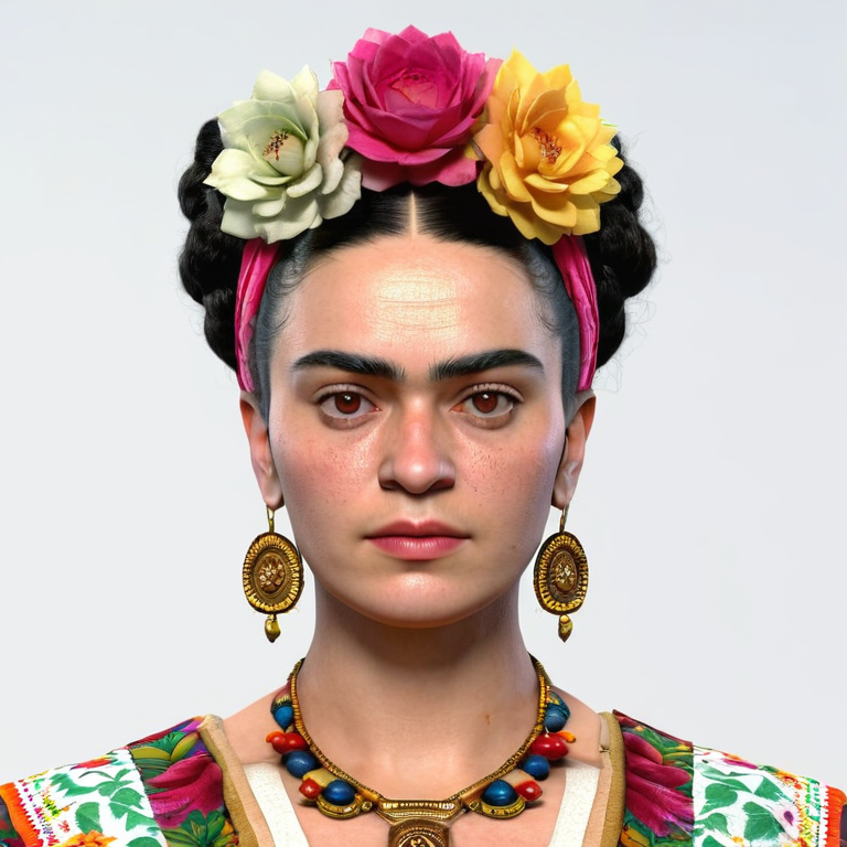 white background, front shot studio 3D render of woman who looks like frida kahlo  looks at viewer, cinematic shot