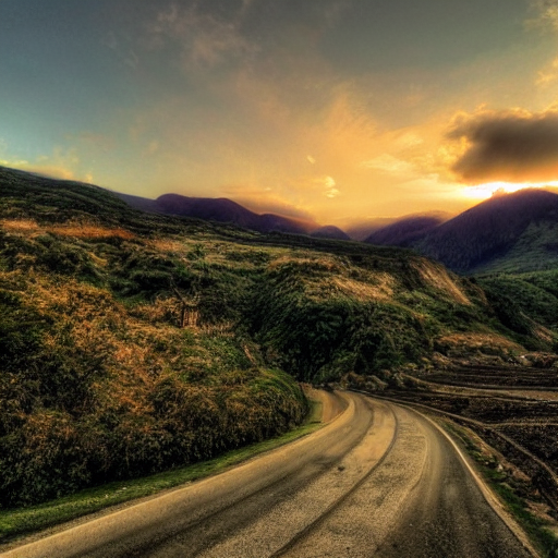 Stable Diffusion prompt: hill, mountains, sunset, field, - PromptHero