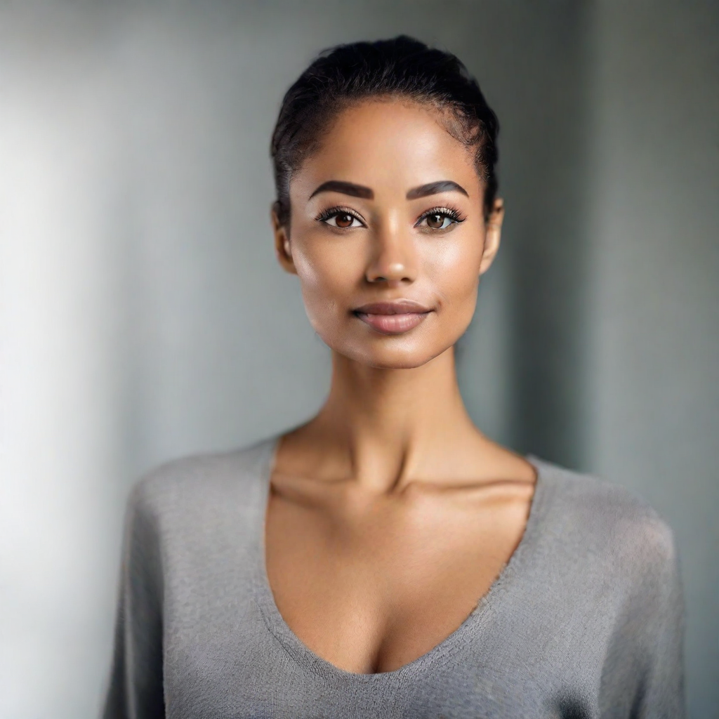 front shot, photo of a sleek, modern figure with soft, welcoming features—friendly eyes that convey warmth and underst