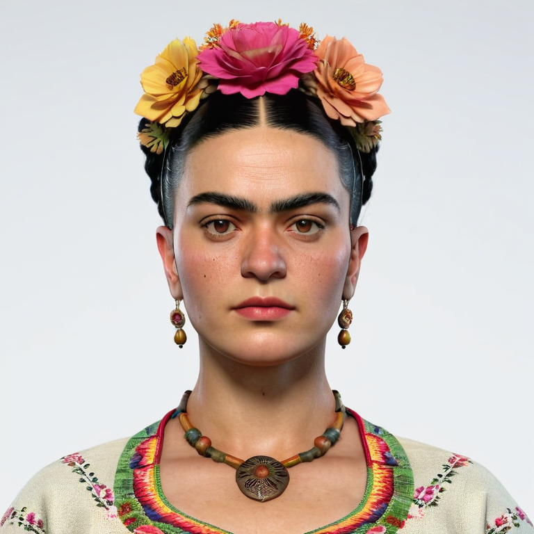 white background, front shot studio 3D render of woman who looks like frida kahlo  looks at viewer, cinematic shot