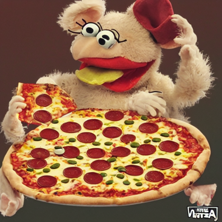 A rat eating pizza in the style of as a Muppet