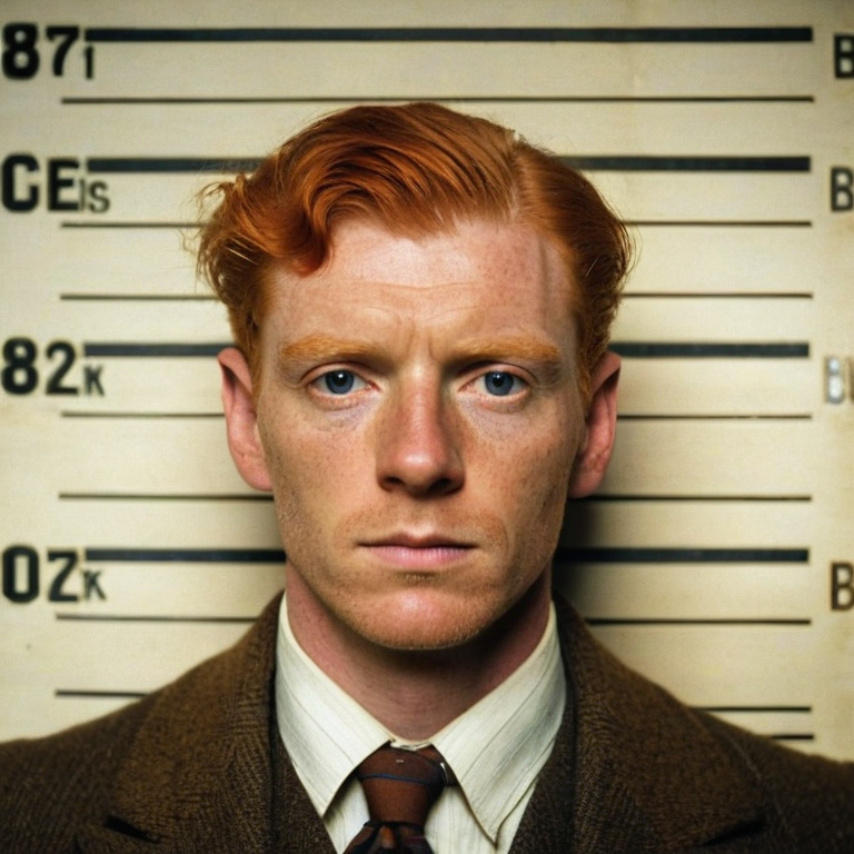 front shot, mugshot photo of a british gentleman, 30s, ginger  looks at viewer, cinematic shot