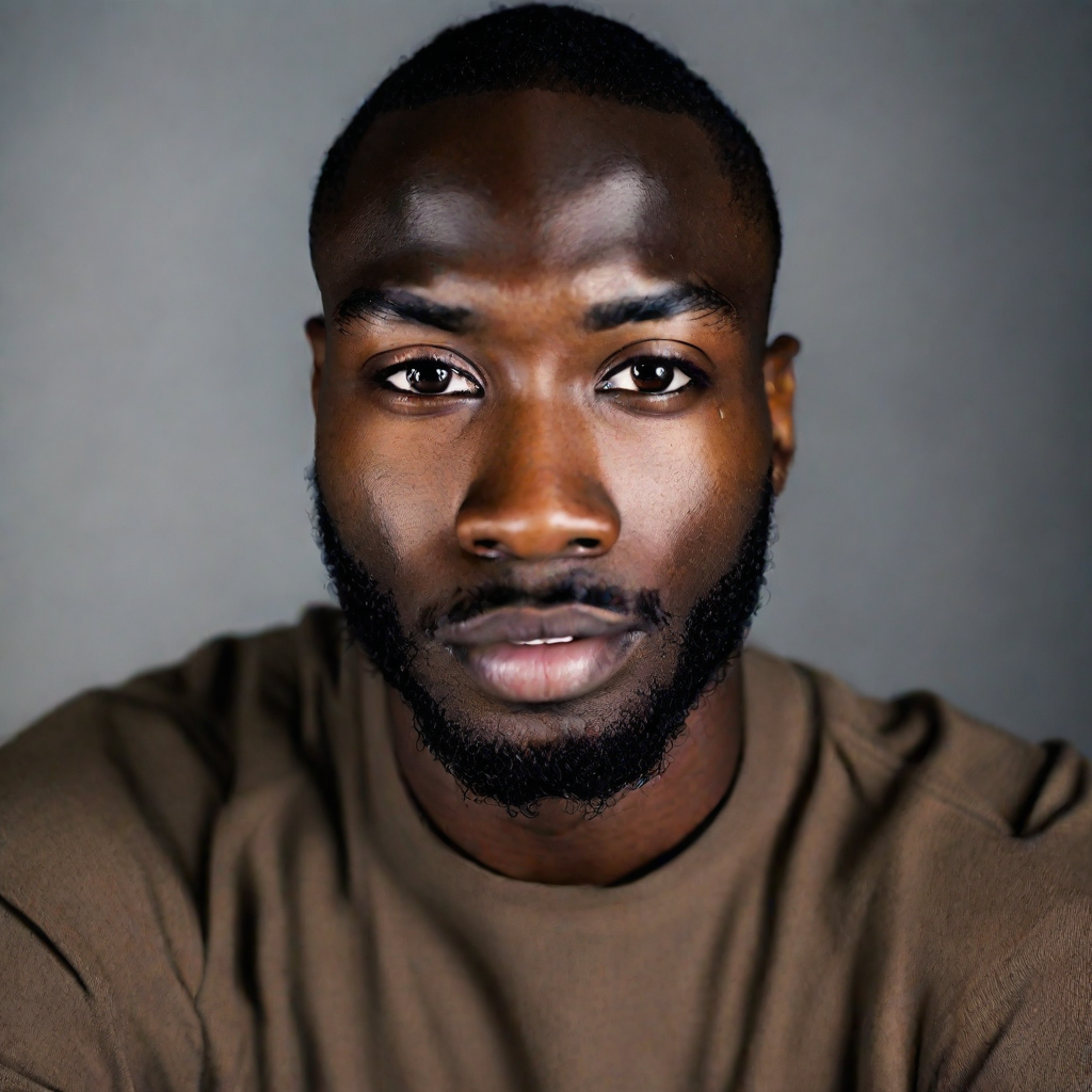 front shot, photo of Black man 5,8” 24 yo, strong jawline, large eyes, large nose  looks at viewer, cinematic shot