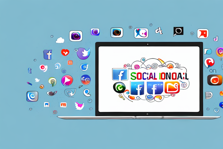 Discovering The Benefits Of Working With Social Media Management Companies 1 A Laptop With A Variety Of Social Media Icons Displayed On The Screen, Hand-Drawn Abstract Illustration For A Company Blog, In Style Of Corporate Memphis, Faded Colors, White Background, Professional, Minimalist, Clean Lines