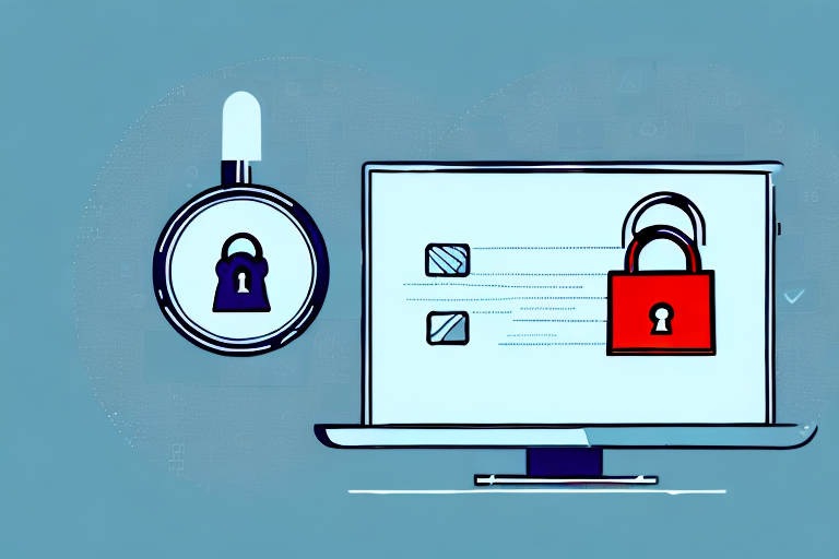 a computer with a padlock in front of it, to represent online security, hand-drawn abstract illustration for a company blog, in style of corporate memphis, faded colors, white background, professional, minimalist, clean lines